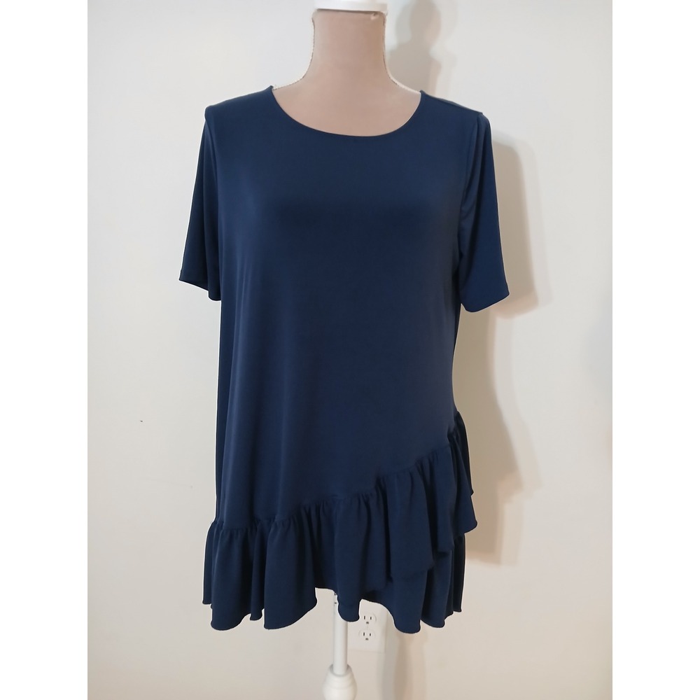 Zenana Navy Blue Asymmetrical Ruffle Hem Tunic Top Short Sleeve IT-Large Modest
